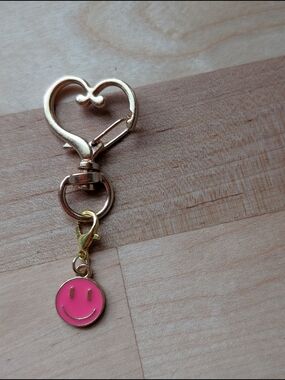 Gold Heart Keychain with Pink Smiley Charm
